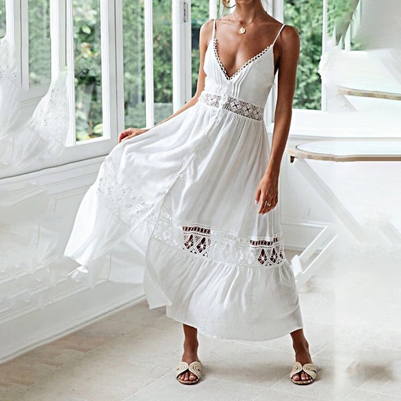 Elegant White Maxi Dress with Lace Details boho - Picture 2 of 10